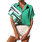 Selene Women's Summer Casual Short Sleeve V Neck Collared Button Down Shirt Cute Vintage Print Blouse Tops