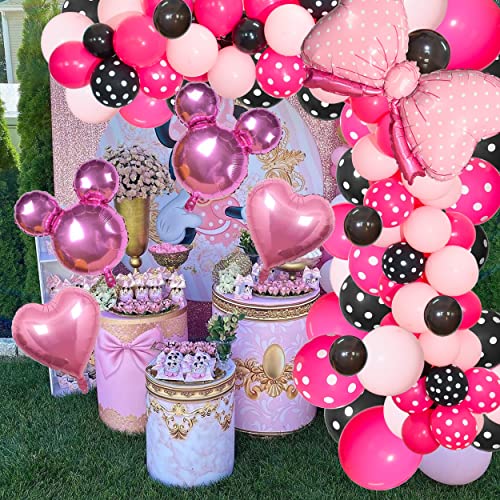 TERRIFI Pink Mouse Color Balloon Garland Kit, 116 Pcs Pink Black Polka Dot Balloon Arch with Bow Foil Balloons for Girls Kids Pink Mouse Theme Birthday Baby Shower Decorations