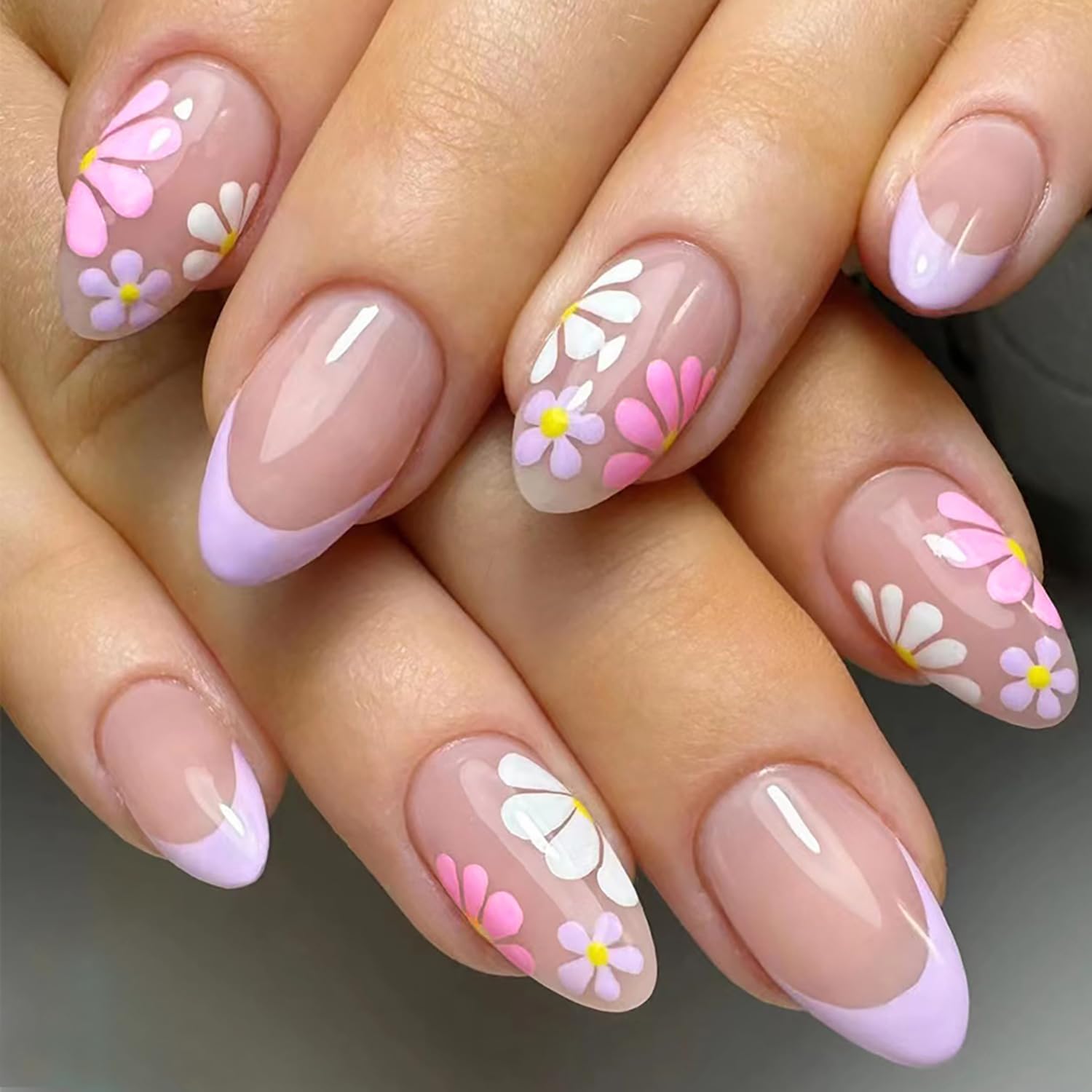 Photo 1 of 24Pcs Short Press on Nails Almond Fake Nails French Tip Press Ons Colorful Daisy Flowers Acrylic Nails Nude Pink Full Cover Glue on Nails Oval Floral False Nails for Women Girls DIY Manicure Tips