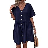 chouyatou Women's Summer Short Sleeve Button Down Cotton Linen Dress Loose Beach Babydoll Mini Dress with Pockets