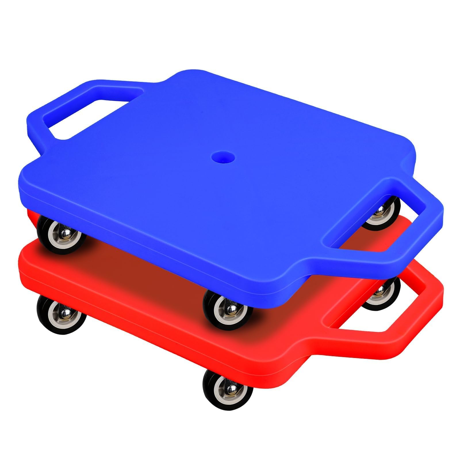 Photo 1 of 2 Pcs Sports Scooter Board with Handles Colored Floor Sitting Scooter Board with Plastic Casters for Kids Gym Indoor Outdoor Activities Play Equipment (Red,Blue)