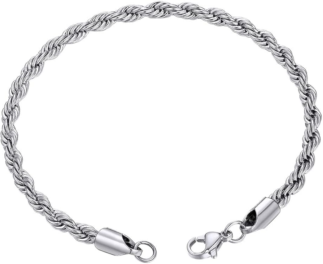 GOLDCHIC JEWELRY 3mm Rope Chain Bracelet, 316L Stainless Steel Boy Chain Link, 21CM, Silver, Gold, 21 cm