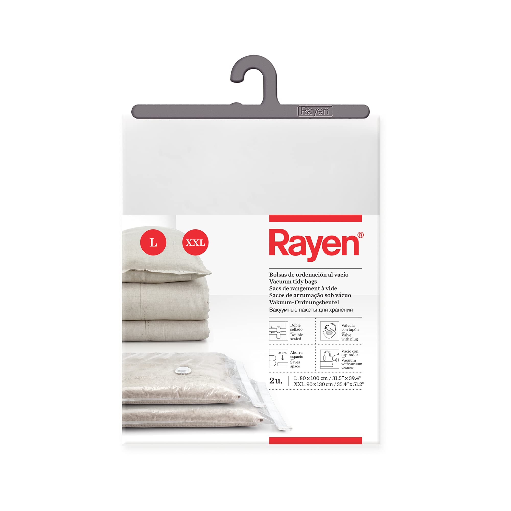 Rayen - Vacuum space saver bags for clothes. Vacuum storage bags for clothes. Set of 2 bags (80 x 100 cm y 90 x 130 cm). Transparent