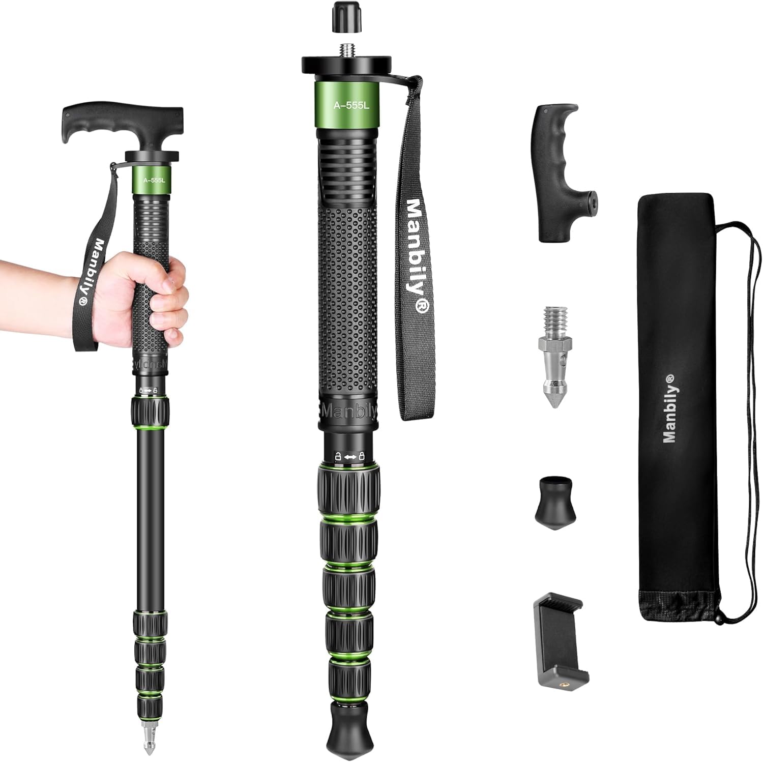Monopods for Cameras Manbily Camera Monopod 61inches Walking Stick with Handle Portable Compact Travel Monopod Aluminum Alloy Selfie Stick 6 Sections 15.4lbs for DSLR Video Camcorder Stand (GREEN)
