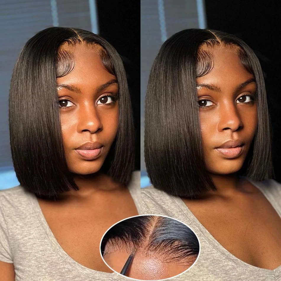Photo 1 of **USED, DIRTY** EQ DUOUPA Wear and Go Glueless Bob Wigs Human Hair Pre Plucked Pre Cut Short Bob Straight Lace Front Wigs 5x5 Hd Lace Closure Wigs Human Hair for Beginners Natural Black 8inch (bob human hair, 8inch)