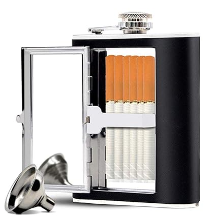 HASTHIP 6oz PU Leather Stainless Steel Hip Flask 6-Ounce with Built-in Cigarette Case & Funnel for Vodka Whisky Cognac Cylinder - Black
