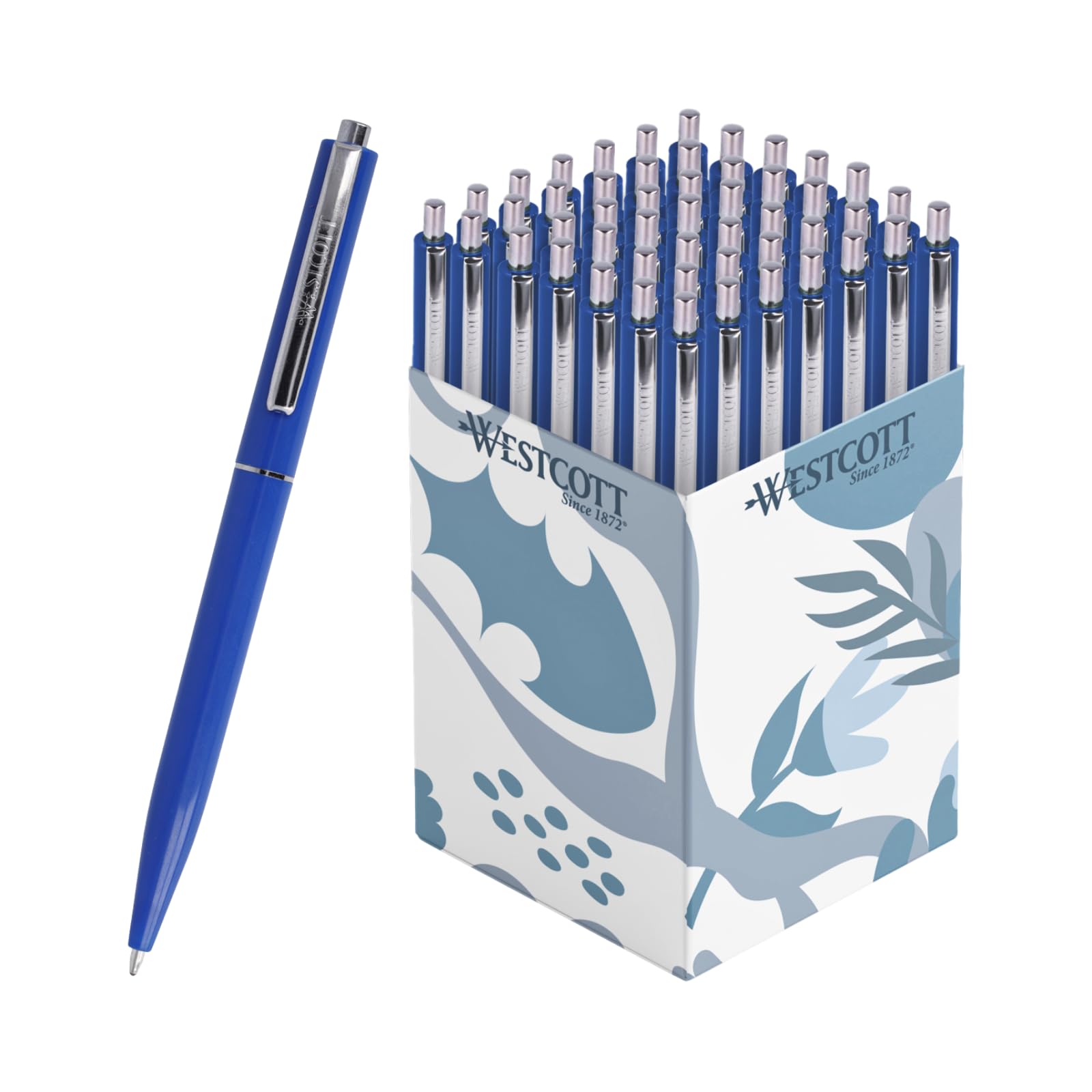 Westcott ballpoint pen ALLTIME blue 50 pieces | Retractable biro pens with blue ink | Line width M with X20 standard refill | Document-proof ISO 12757-2 | Sturdy metal clip | E-733748 00