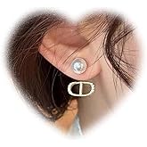 W WEILIRIAN Boho Pearl Jacket Earrings Crystal Letter Earrings Gold Pearl Stud Earrings Pearl Wedding Earrings Front Back Earrings Jewelry for Women