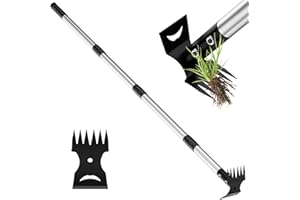 Weed Puller Tool 2-in-1 Weed Rake & Hoe Combo, Heavy Duty Manual Weed Remover with 16-58in Adjustable Long Handle, Ergonomic 