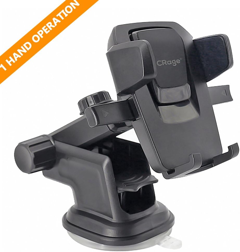 Car Phone Mount, CRage Mobile Phone Stand Holder for Car Windscreen Dashboard, One Hand Operation Extendable Long Arm Sticky Suction Cup 360 Degree Swivel for Up to 6.0 Inches Smartphone iPhone 7 6s 6 Plus 5 Samsung S7 S6 etc, Black