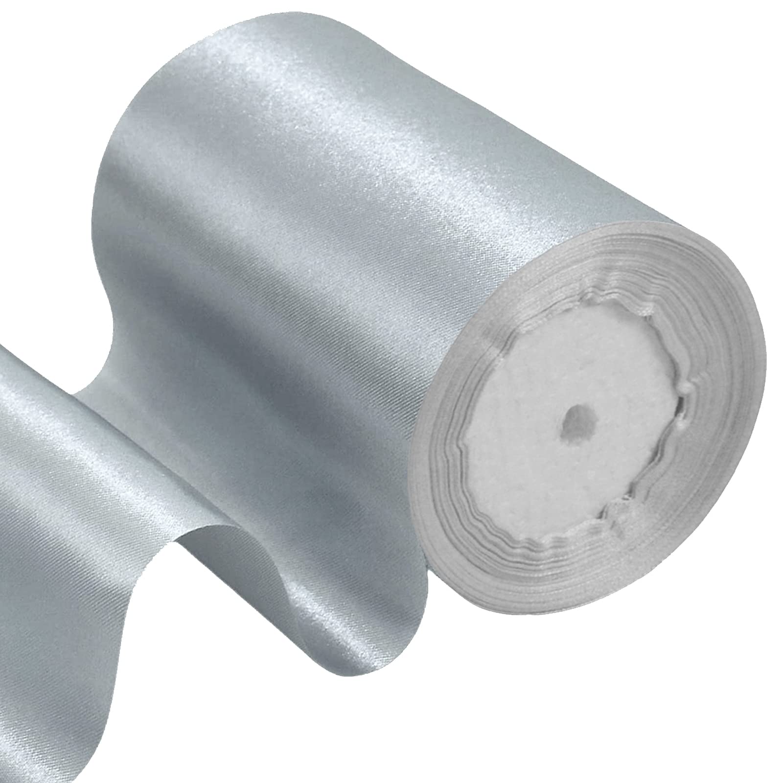 POPOYU 4 Inch Wide Christmas Silver Ribbon 22m,10cm Grey Satin Ribbon Fabric Large Solid Satin Ribbon,Polyester Ribbon Gift Wapping,Door,Chair,Window,Wedding Car,Christmas Tree Decor