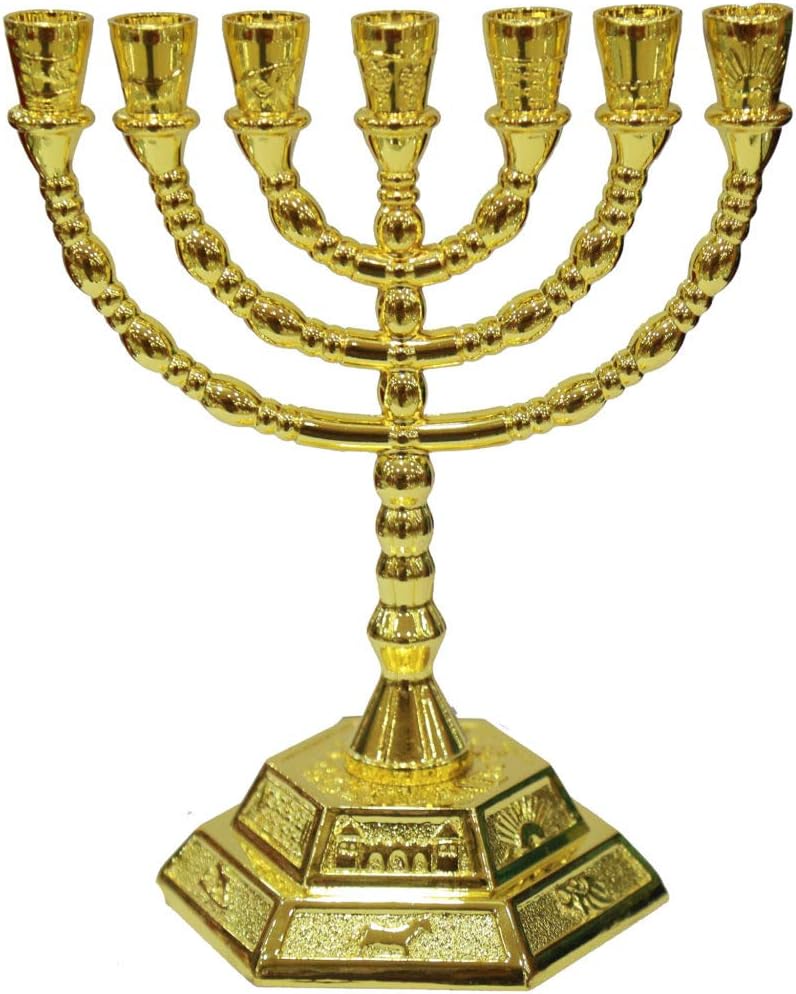 12 Tribes of Israel Jerusalem Temple Menorah choose from 3 Sizes Gold or Silver (Gold, 8 Inches): Home & Kitchen