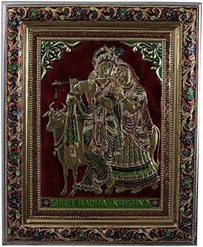 Kapasi Handicrafts Shri Radha Krishna/Radhe Krishna/Radha Raman Embossed On Brass Minakari Standing Wall Hanging Photo Frame (33L X 40H) CM Antique Finish Indian Home Decor Art Piece