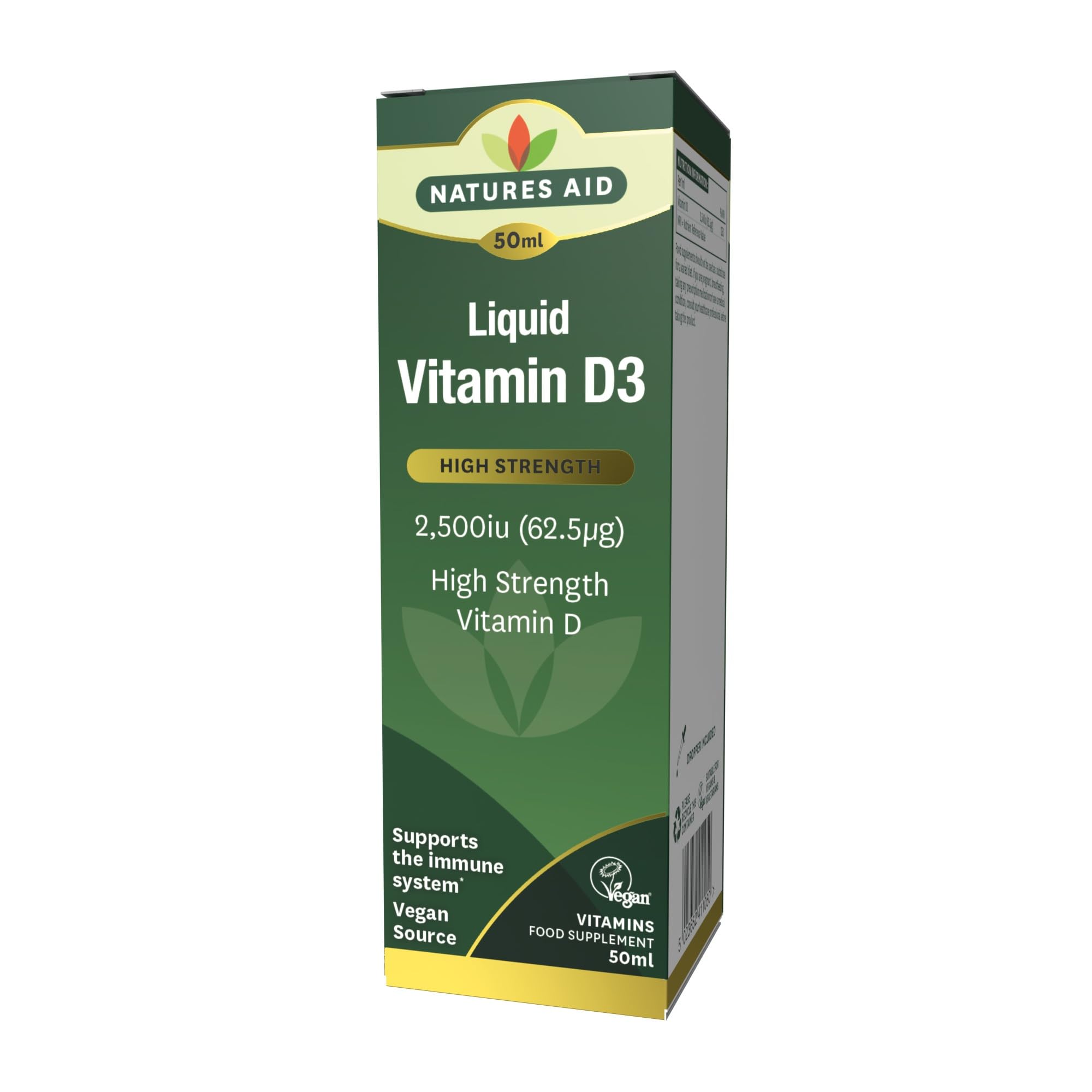 Natures Aid Vitamin D3 Liquid 2500iu 50ml – High Strength Cholecalciferol VIT D Drops – Bone & Immune Support – Vegan, Non-GMO, Gluten-Free – Natural Supplement Includes Dropper
