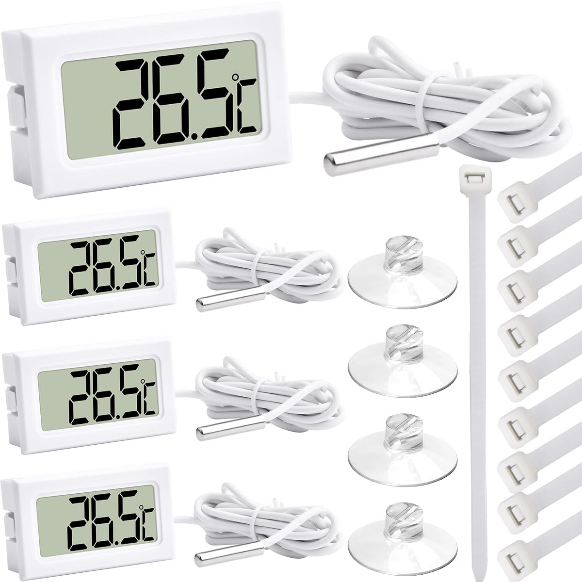 JYUDAUFU 4 pcs Digital LCD Thermometer Monitor with Water-Resistant Probe Extension cable Aquarium Thermometer Celsius(℃) display with Suction Cup Nylon Cable Ties for Fridge Freezer Aquarium