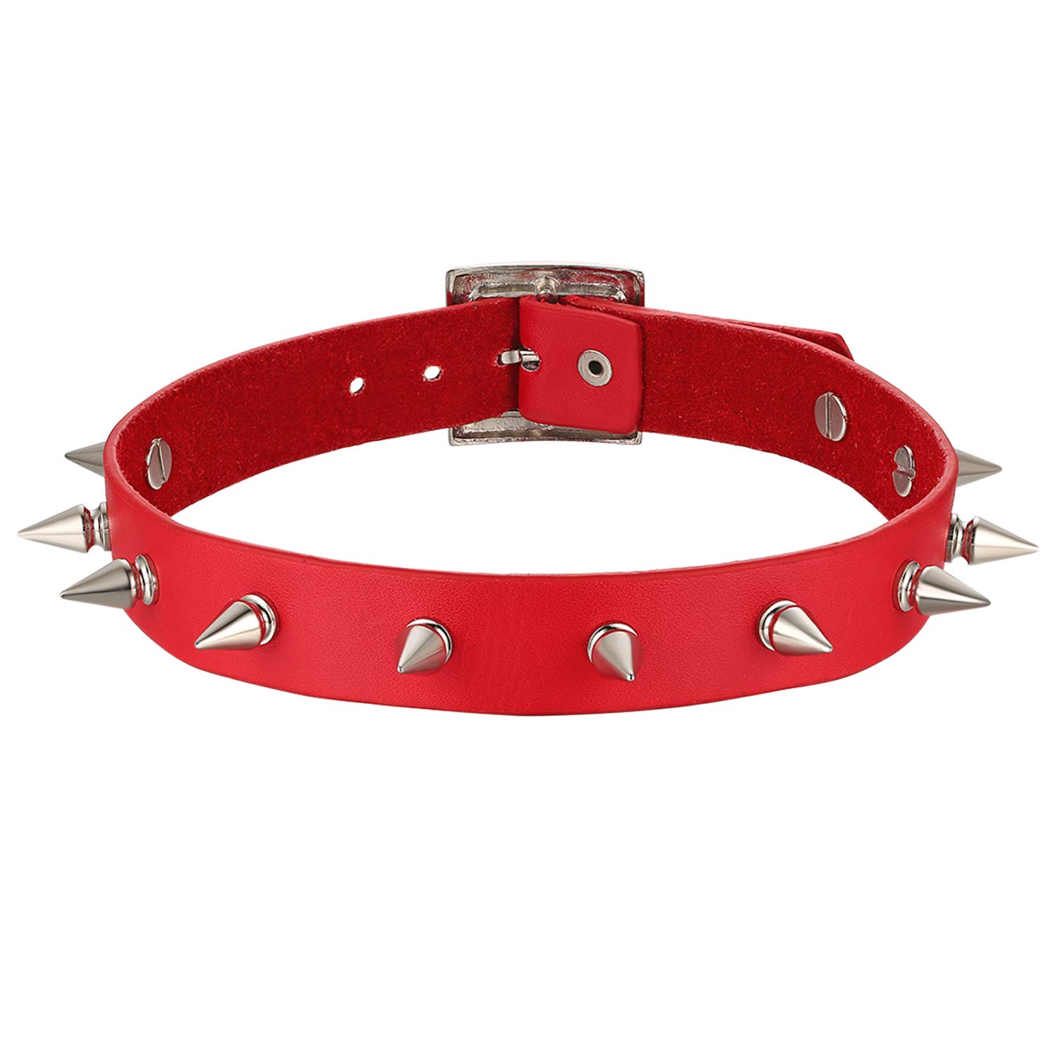 Cupimatch Gothic Rivets Adjustable Leather Necklace Choker Brown Punk Rock Alloy Awl Taper Collar Belt for Women Men (Red)