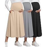 Sweetyweee 3 Pack Women's Maternity Maxi Long Skirts Pockets Over The Belly High Waisted Ankle Length Pregnancy A-line Skirts