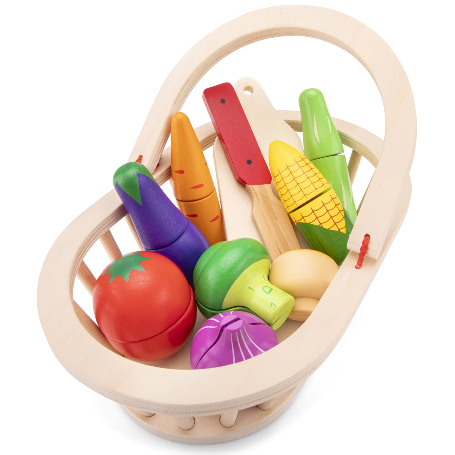 Woet® Wooden Cutting Vegetables Basket Toy with Knife and Cutting Board, Sliceable Play Food, Carry Basket Kitchen Accessories for Kids, Educational Role Play, Age 2 Years