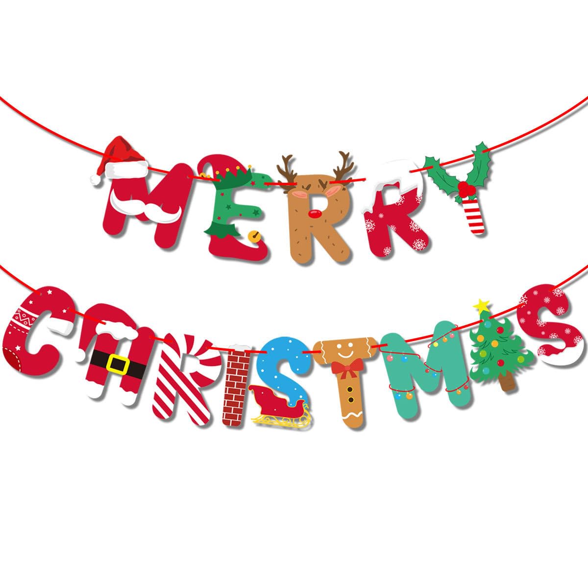 Happium Traditional Happy Merry Christmas Banner, Christmas Bunting Garland, Hanging Xmas Decorations for Fireplace Wall, Festive Letter with Santa, Reindeer & Tree Design