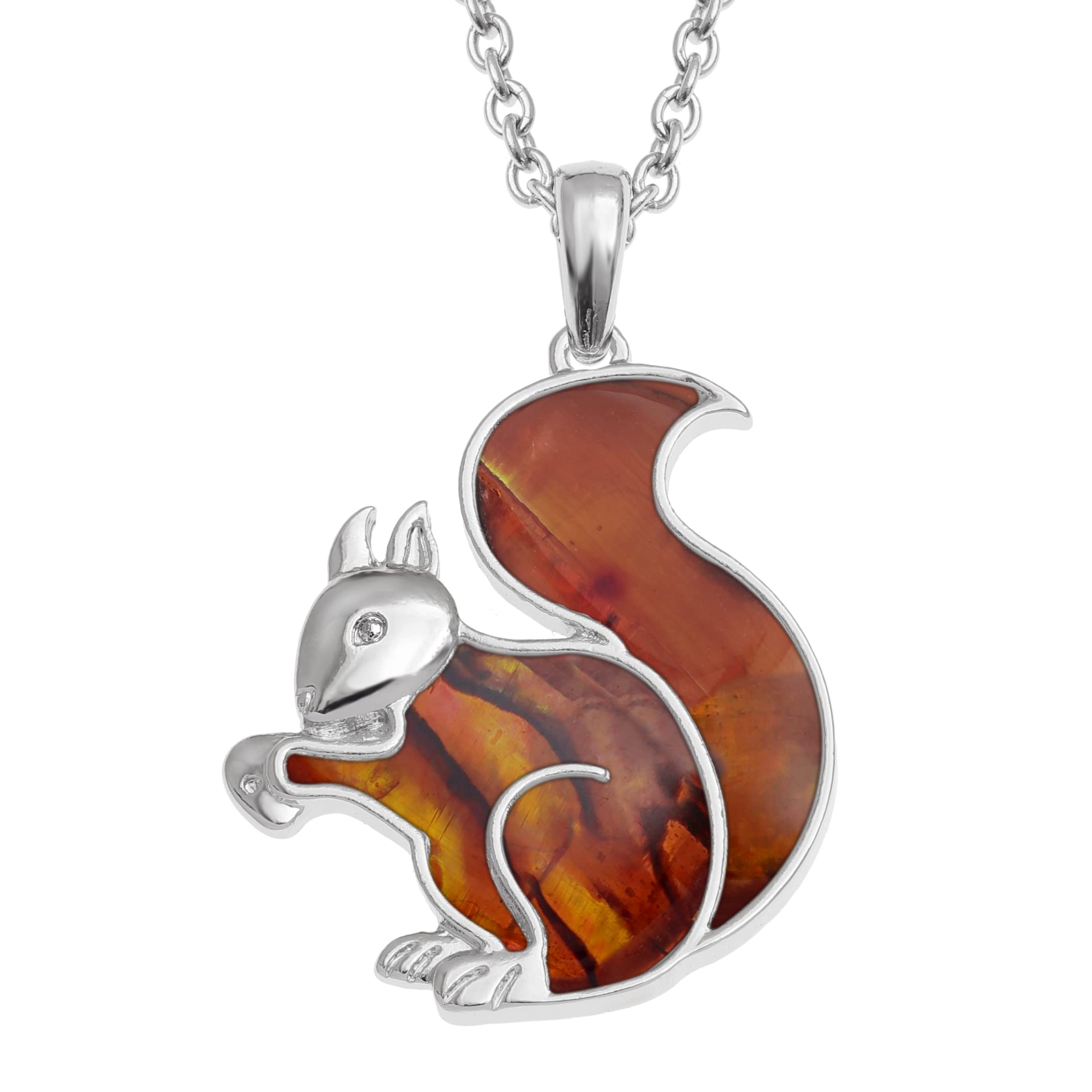 Kiara Jewellery Squirrel Pendant Necklace Inlaid With Natural Brownish Red Paua Abalone Shell on 18" Trace Chain. Anti Tarnish Plating
