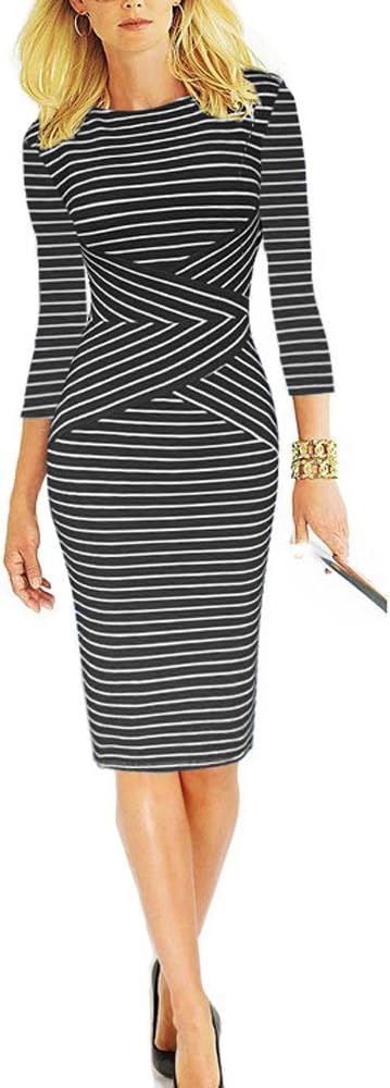 REPHYLLIS Women 3/4 Sleeve Striped Wear to Work Business Cocktail Pencil Dress