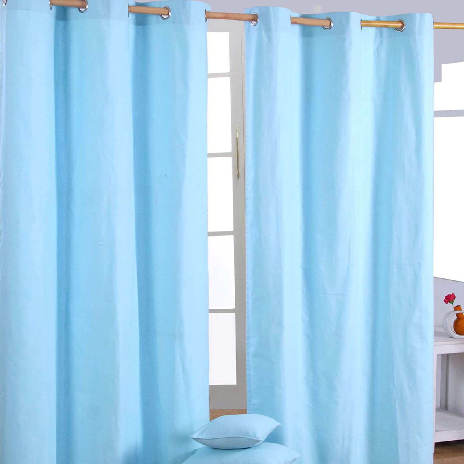 HOMESCAPES Blue Eyelet Curtain Pair 137cm (54") Wide x 182cm (72") Drop Plain Heavy Unlined Curtains — image 1