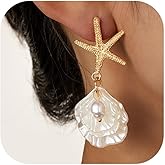 Beach Earrings for Women Pearl Dangle Drop Earrings Gold Tone Ocean Inspired Chain Hoop, Beach Outfits Women Womens Summer Outfits Resort Fashion Accessories, Gift for Her Birthday Party