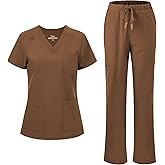 floralhue Scrubs for Women, V-Neck Scrubs Top & Cargo Pants with 12 Pockets, Yoga Waistband, 4 Way Stretch