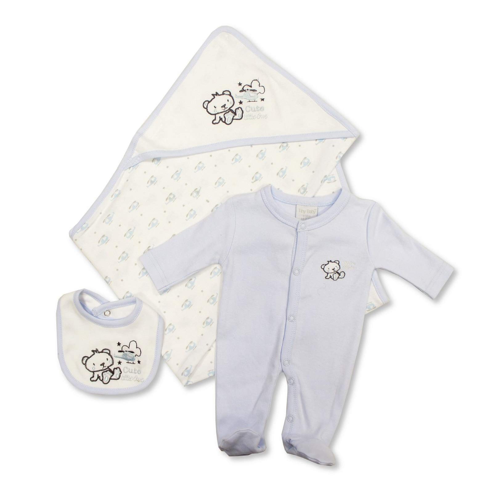 Premature Baby Giftset for Baby Girls and Boys, 3 Piece Set, Hooded Towel, Sleepsuit, Bib, 100% Cotton, Layette Set, Preterm, Embroidery, Cute Designs, Snuggly, Blue, 3, 5 Lbs