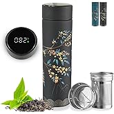 Farasi Tea Infuser for Loose Leaf Tea Smart Water Bottle with Fahrenheit Temperature Display, Stainless Steel Insulated Coffee and Fruit Tea Infuser Bottle - Floral Travel Tea Mugs 15 oz (Black)