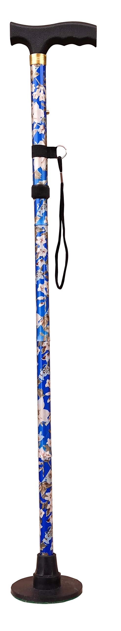 Acclaim Bowlers Adjustable 33”-37” Lawn Bowls Plain Lightweight Alloy Folding Four Piece Floral Metal Walking Stick & Green Protector With Synthetic Green Felt Base (Blue Floral)