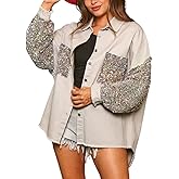 Himythe Women's Oversized Denim Jacket Long Sleeve with Sequin Sparkle Jean Coat Country Concert Shirt Jacket