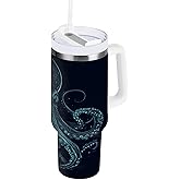 ALAZA Blue Octopus 40 oz Tumbler Water Bottle with Straw Lid and Handle,Reusable Insulated Stainless Steel Cup for Women Men Travel Car Cup Holder