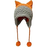 SUNONE11HKA Fox Ears Beanie Warm Handmade Knitting Hats Pompom Caps Patchwork Funny Cat Hats