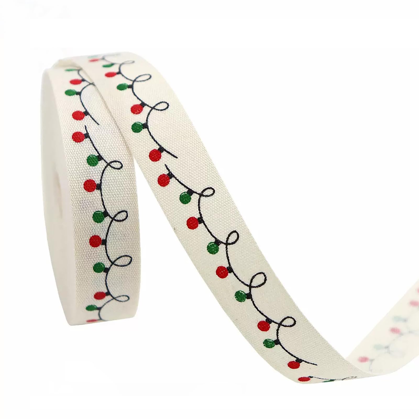 Photo 1 of 10 Yards Merry Christmas Cotton Ribbon, 5/8 Inch, Red Green White Merry Wrapping Ribbon for Craft Wreath Decor Bow Flower Bouquet (String Lights)