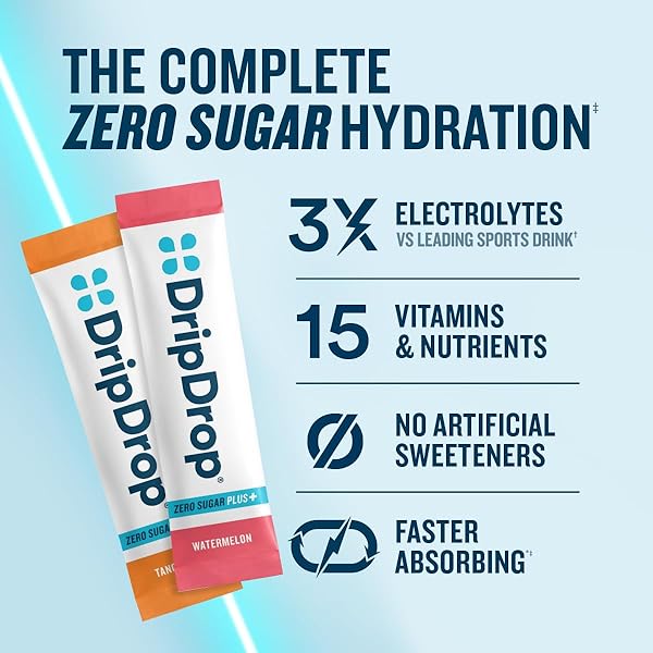 DRIPDROP ZERO SUGAR PLUS – SUGAR FREE HYDRATION PACKETS – SINGLE SERVE ELECTROLYTES POWDER DRINK MIX – RASPBERRY LEMONADE, WATERMELON, TANGERINE, TROPICAL PUNCH – NON-GMO, VEGAN- 8 STICKS
