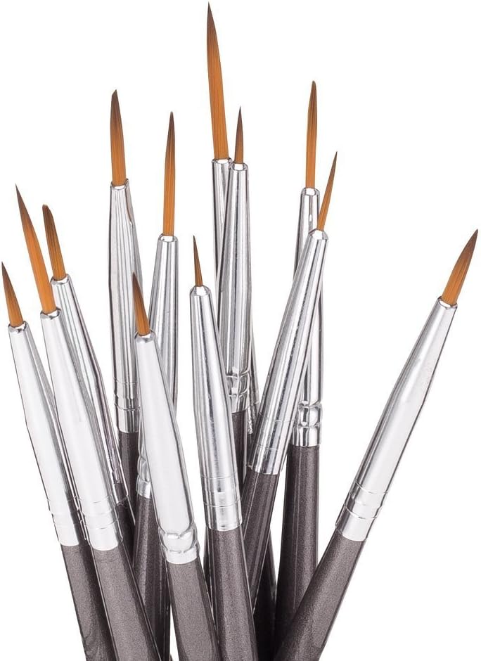 Detail Paint Brush Set by Lowell Hillcrest. Set of 12 Liner, Flat, Round, and Rigger Anti-Shedding Artist Brushes. Achieve Extremely Fine Details in Acrylic, Watercolor, Enamel and Oil Painting.