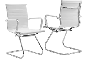 Guyou Office Reception Guest Chair Mid Back PU Leather Metal Leg Sled Base Conference Reception Room Chairs with Arms (White, 2 PCS)