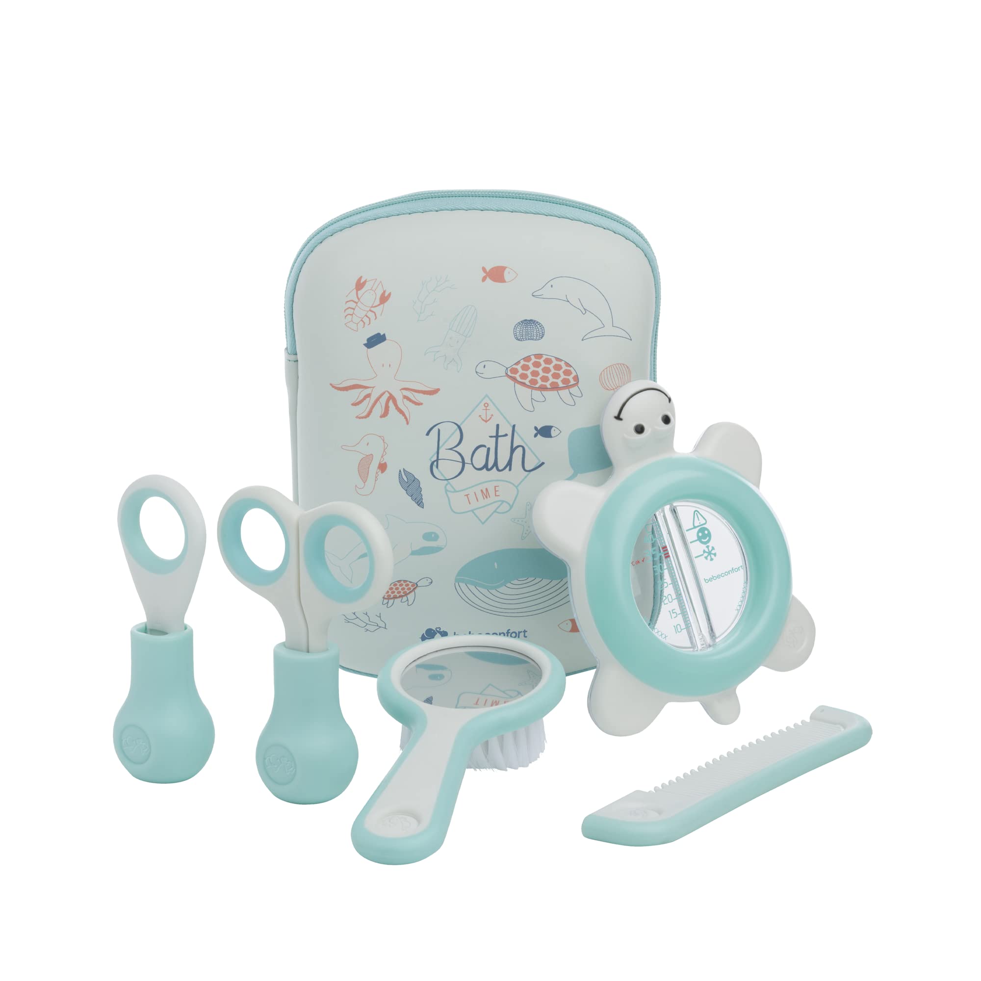 Bebeconfort Baby Toiletry Set, Including Baby Hair Brush, Baby Comb with Baby Mirror, Baby Nail Clippers, Baby Scissors and Baby Bath Thermometer, 0m Plus, Water World