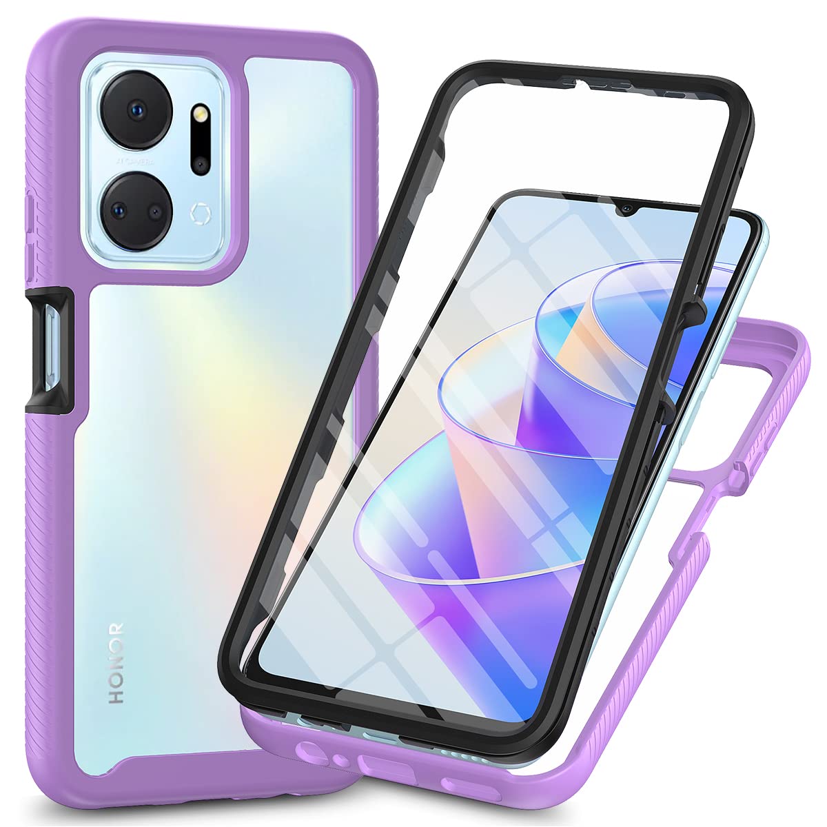 Sawiqpd Honor X7a Case with Built-in Screen Protector, 360 Full Body Protective Cover Heavy Duty Anti-Scratch Shockproof Slim Silicone Bumper Clear Phone Case for Honor X7a (NOT Honor X7), Purple
