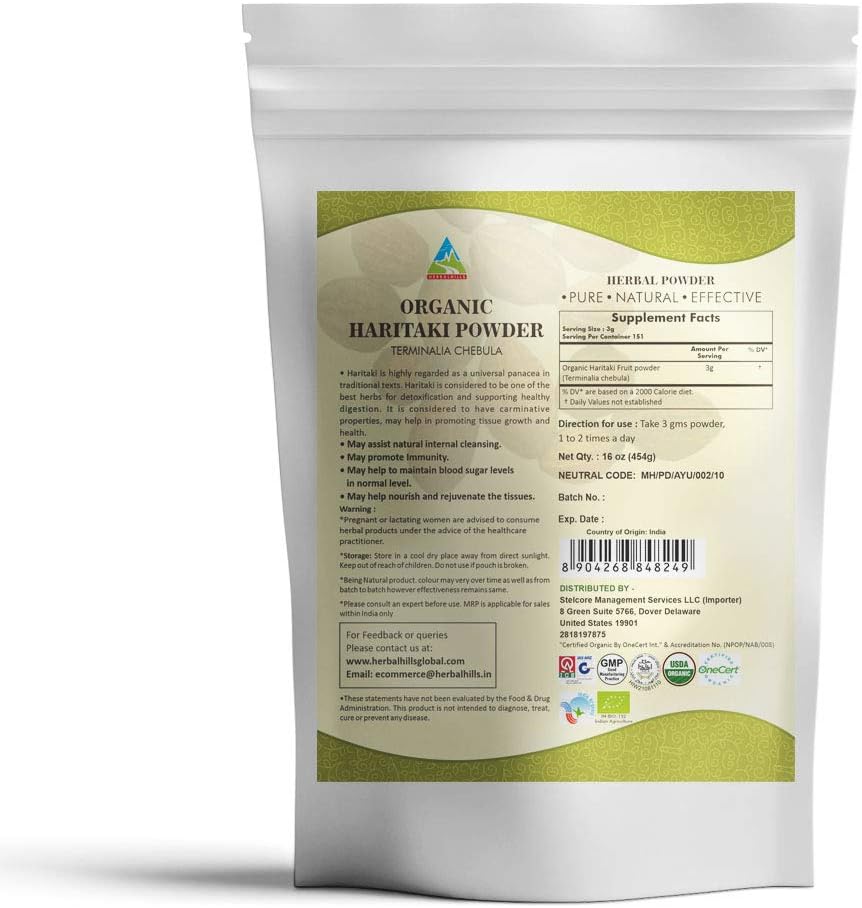 Herbal Hills Organic Haritaki Powder Terminalia Chebula 454 gm /16 oz USDA Certified Organic - Detoxification & Rejuvenation*: Health & Personal Care