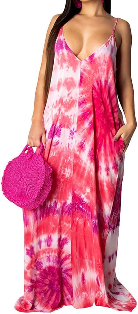 Womens Tie Dye Maxi Dresses Sleeveless Casual Sexy Vintage Floral Summer Boho Bodycon Long Dress Plus Size Sundresses