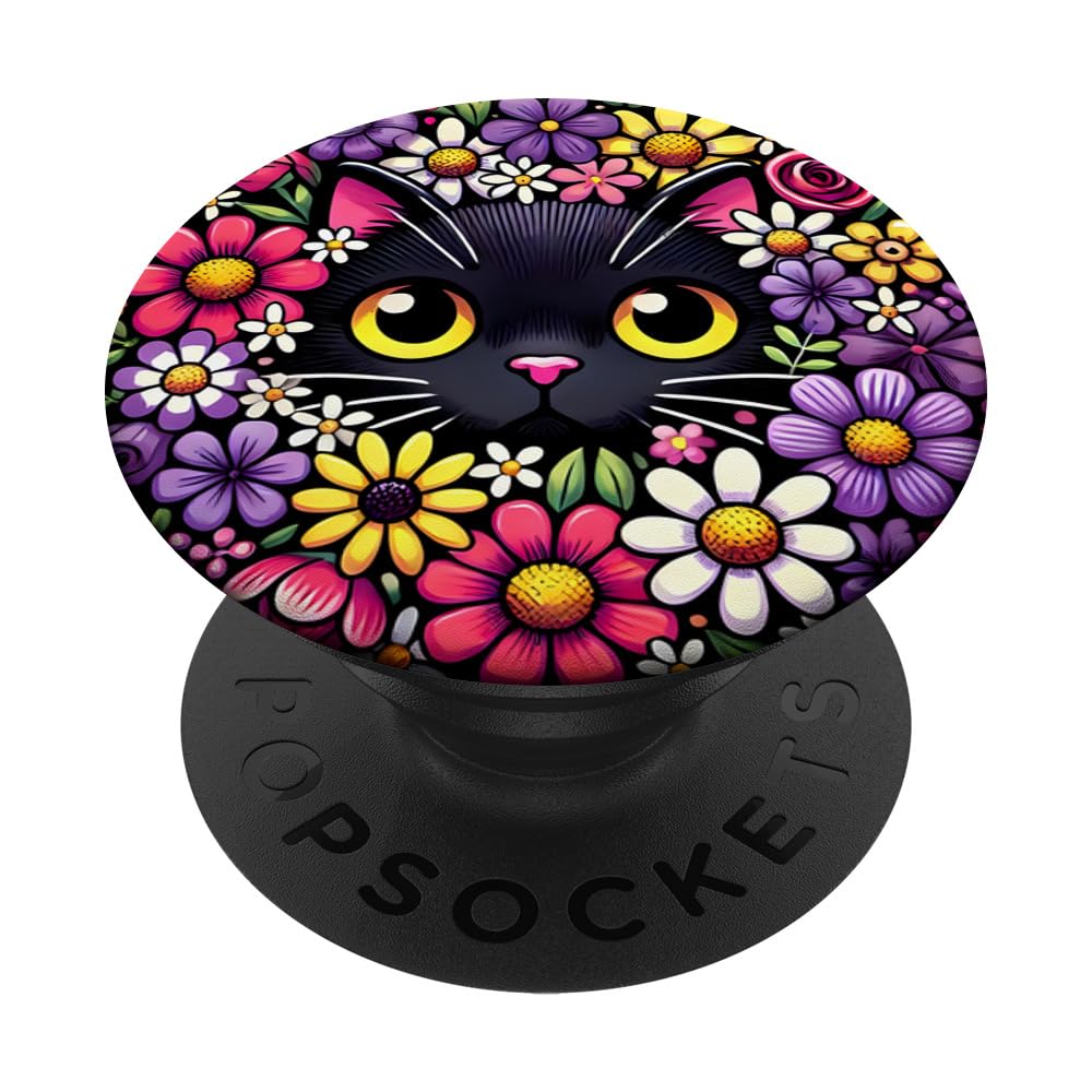 Black Cat Colourful Flowers Flowers Cartoon Cat PopSockets Swappable PopGrip