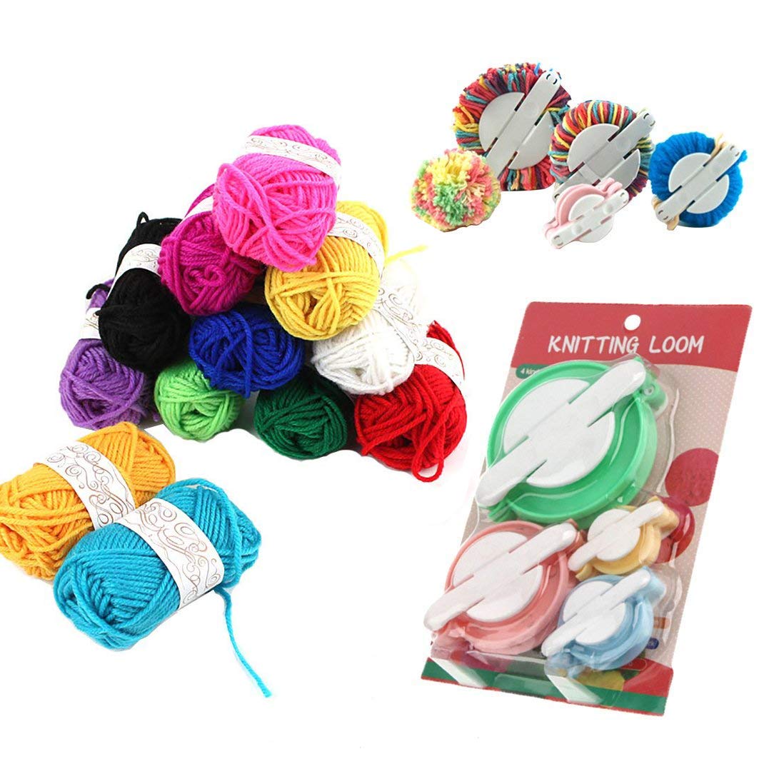 4 Size Pompom Makers,Fluff Ball Waver with 12 Skeins Acrylic Yarn Craft Tool Kit for DIY Wool Yarn Crochet Knitting