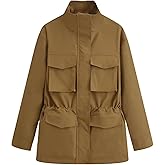 FindThy Women’s Utility Jackets Casual Stand Collar Drawstring Waist Long Sleeve Multi Pockets Outerwear Coat