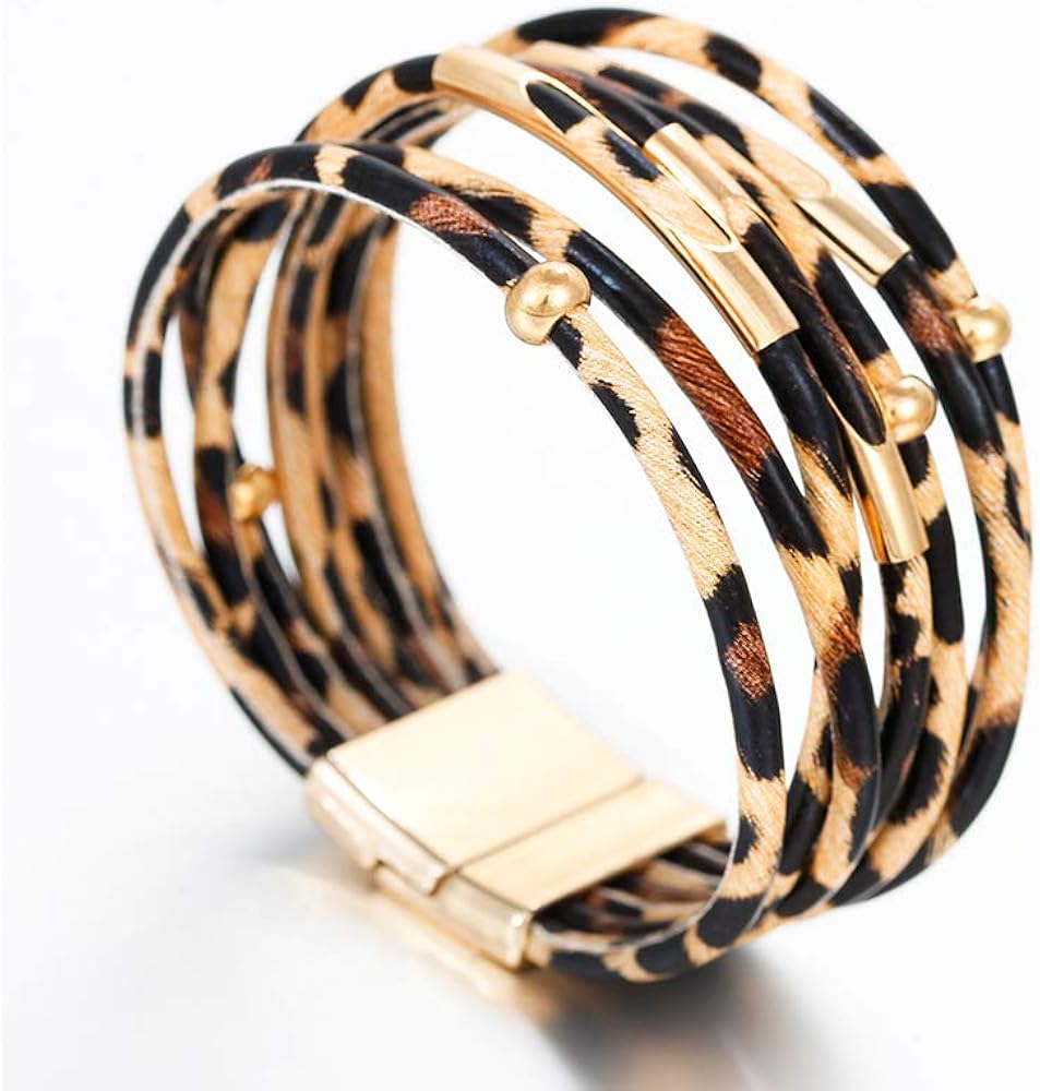 Fesciory Leather Wrap Bracelet for Women, Leopard Multi-Layer Magnetic Buckle Cuff Bracelet Jewelry: Clothing