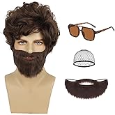 ATAYOU Adult Short Brown Shag Wig and Beard with Glasses Accessories for Mens Adult Halloween Cosplay