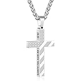 ESPVO Cross Necklace for Men Boys, 316L Stainless Steel American Flag Bible Verse Christmas Christian Catholic Baptism Confirmation Gifts 22+2 Inches