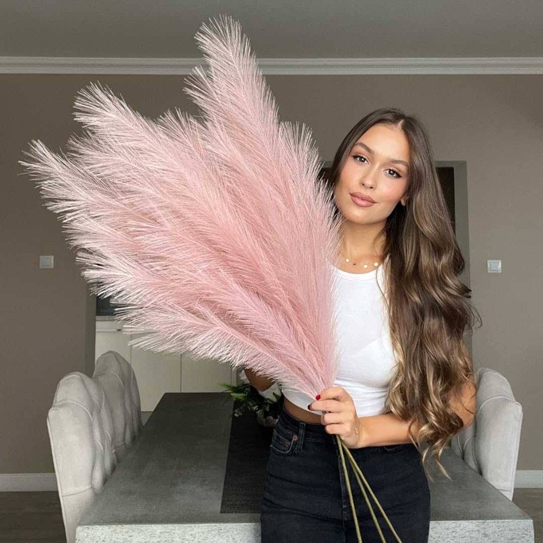 VOULUX Extra Large Tall Blush Pink Fake Faux Artificial Pampas Grass Large Fluffy x3 115cm Stems x18 Decorative Artificial Flora Feathers For Floor Vases Tall Pink Plant Flowers Long Pampas Grass
