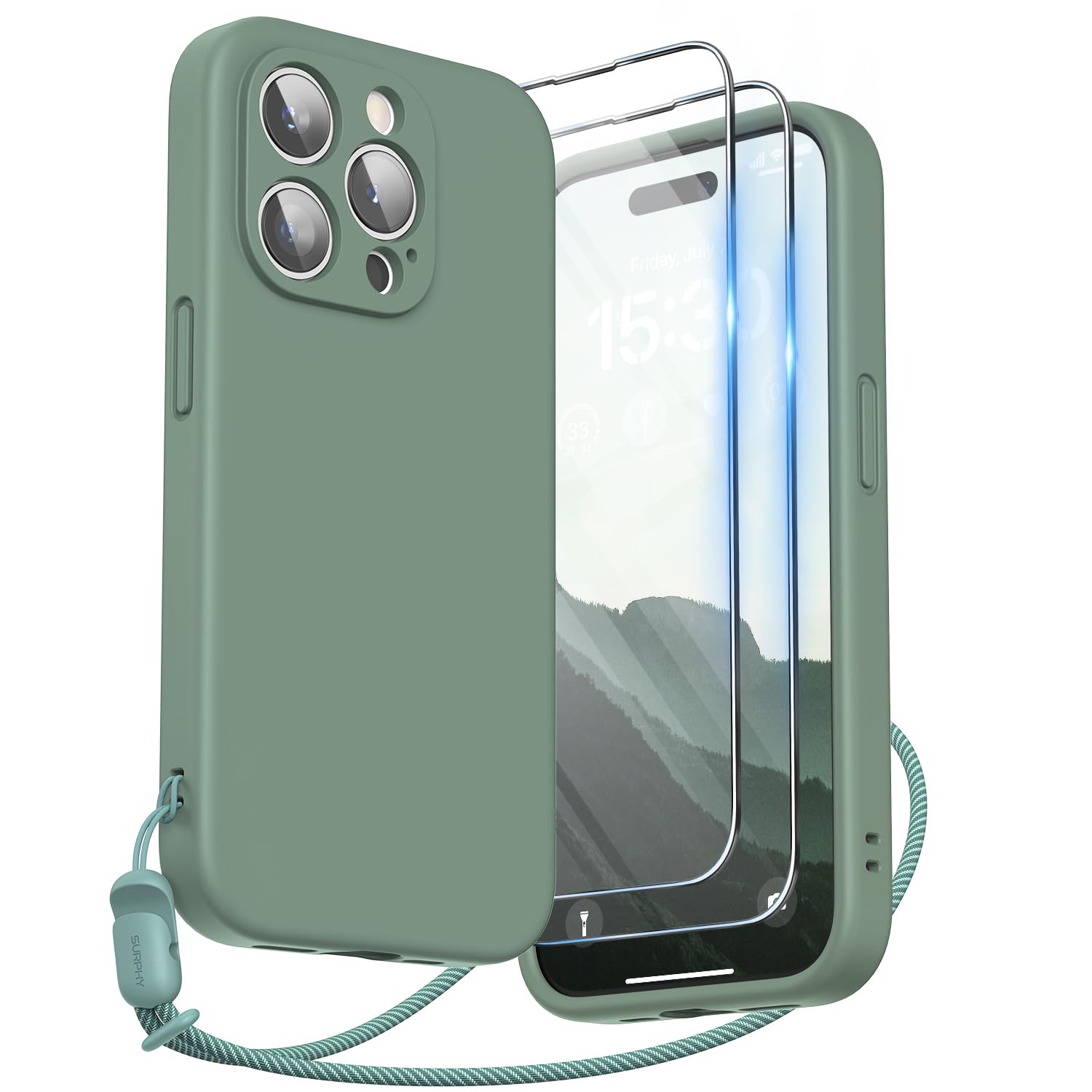 SURPHY Design for iPhone 15 Pro Case, Liquid Silicone Protection for Each Lens [2 x Screen Protectors & 1 x Lanyard] Shockproof Cover for iPhone 15 Pro 6.1 inch 2023, Cypress